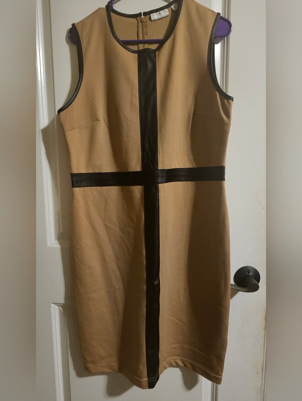 New York & Company Camel Shift Dress with Black Trim